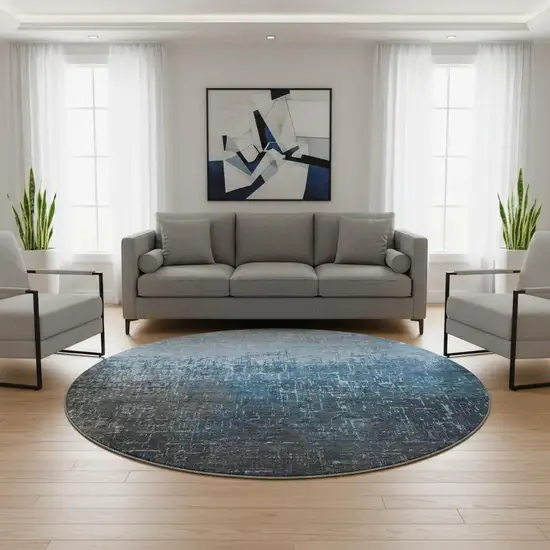8' Blue Gray And Charcoal Ombre Washable Round Rug With UV Protection Photo 2