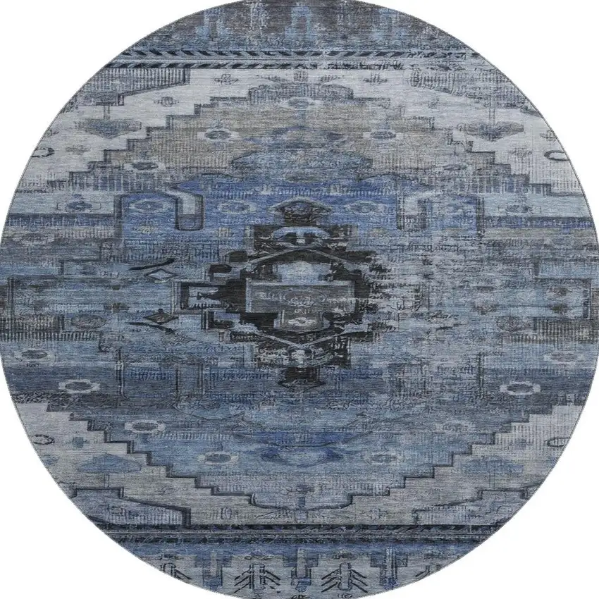 8' Blue Gray And Charcoal Oriental Washable Round Rug With UV Protection Photo 3