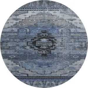 Photo of 8' Blue Gray And Charcoal Oriental Washable Round Rug With UV Protection