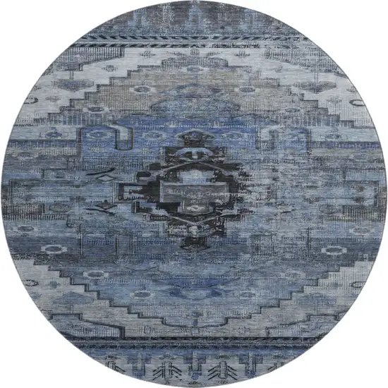 8' Blue Gray And Charcoal Oriental Washable Round Rug With UV Protection Photo 1