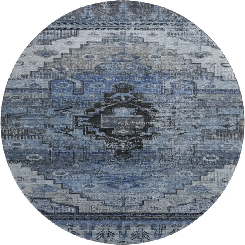 8' Blue Gray And Charcoal Oriental Washable Round Rug With UV Protection Photo 1