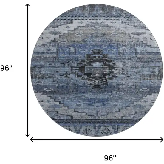 8' Blue Gray And Charcoal Oriental Washable Round Rug With UV Protection Photo 9