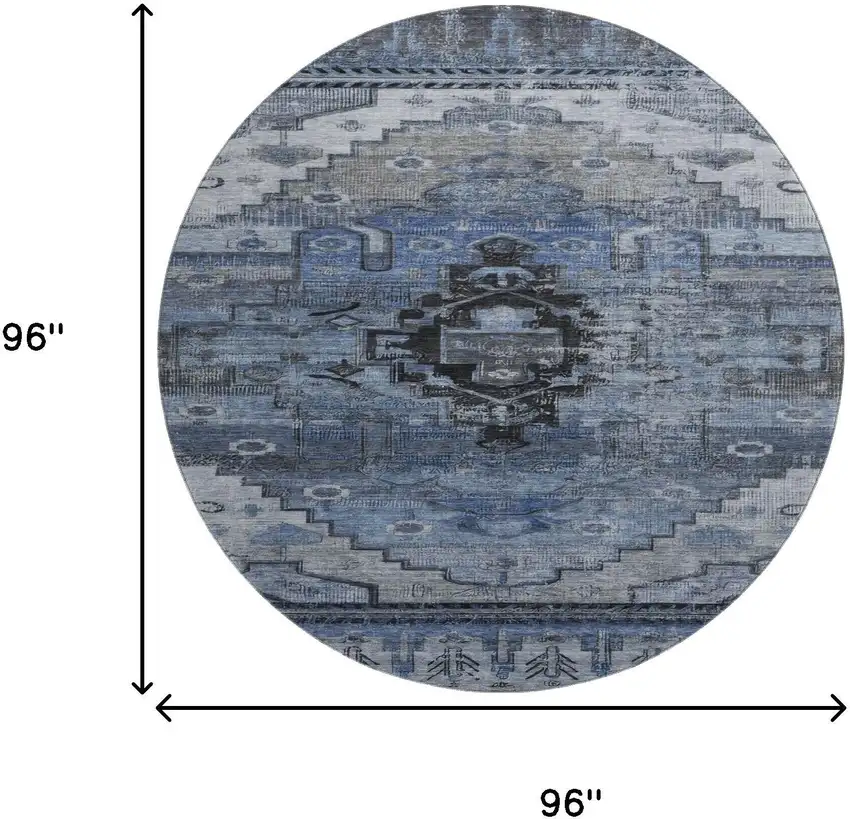 8' Blue Gray And Charcoal Oriental Washable Round Rug With UV Protection Photo 9