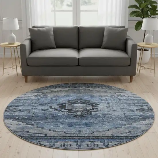 8' Blue Gray And Charcoal Oriental Washable Round Rug With UV Protection Photo 2