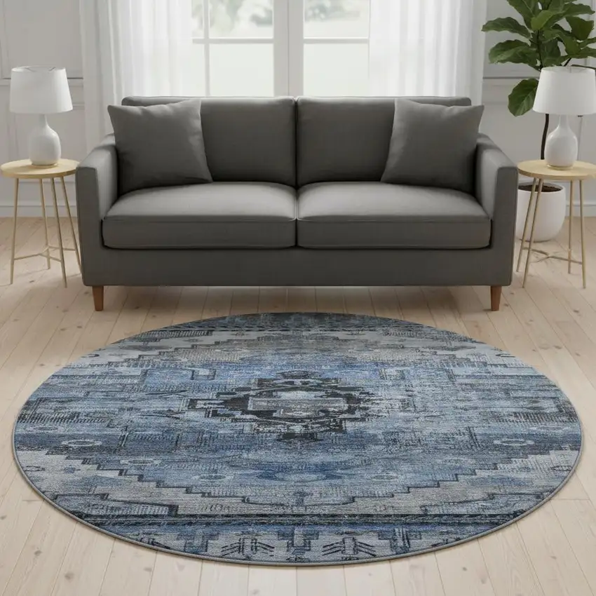8' Blue Gray And Charcoal Oriental Washable Round Rug With UV Protection Photo 2