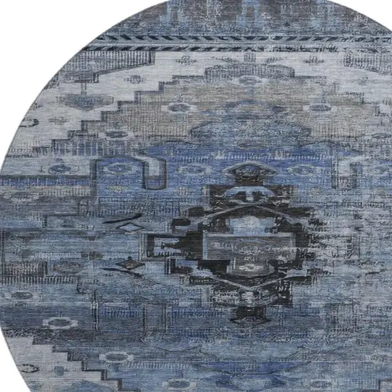 8' Blue Gray And Charcoal Oriental Washable Round Rug With UV Protection Photo 2
