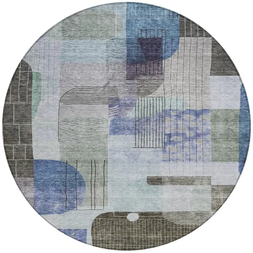 8' Blue Gray And Charcoal Round Abstract Washable Indoor Outdoor Area Rug Photo 6
