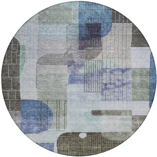 8' Blue Gray And Charcoal Round Abstract Washable Indoor Outdoor Area Rug Photo 2
