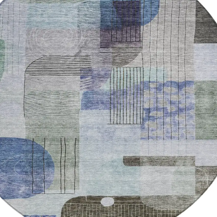 8' Blue Gray And Charcoal Round Abstract Washable Indoor Outdoor Area Rug Photo 5