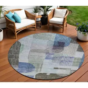 Photo of 8' Blue Gray And Charcoal Round Abstract Washable Indoor Outdoor Area Rug