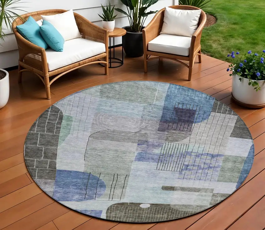 8' Blue Gray And Charcoal Round Abstract Washable Indoor Outdoor Area Rug Photo 1