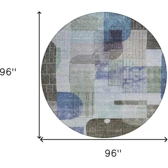 8' Blue Gray And Charcoal Round Abstract Washable Indoor Outdoor Area Rug Photo 9