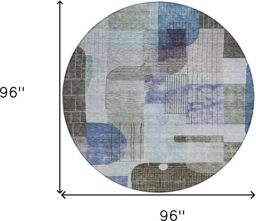 8' Blue Gray And Charcoal Round Abstract Washable Indoor Outdoor Area Rug Photo 9