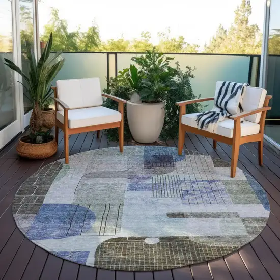 8' Blue Gray And Charcoal Round Abstract Washable Indoor Outdoor Area Rug Photo 7