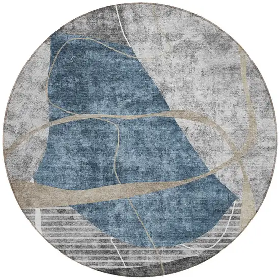 8' Blue Gray And Charcoal Round Abstract Washable Indoor Outdoor Area Rug Photo 6