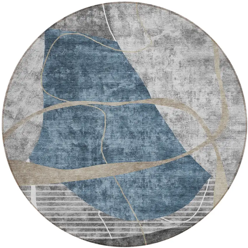 8' Blue Gray And Charcoal Round Abstract Washable Indoor Outdoor Area Rug Photo 2