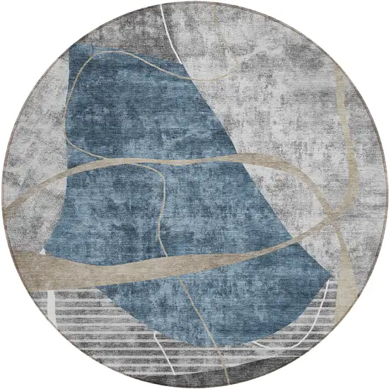 8' Blue Gray And Charcoal Round Abstract Washable Indoor Outdoor Area Rug Photo 2