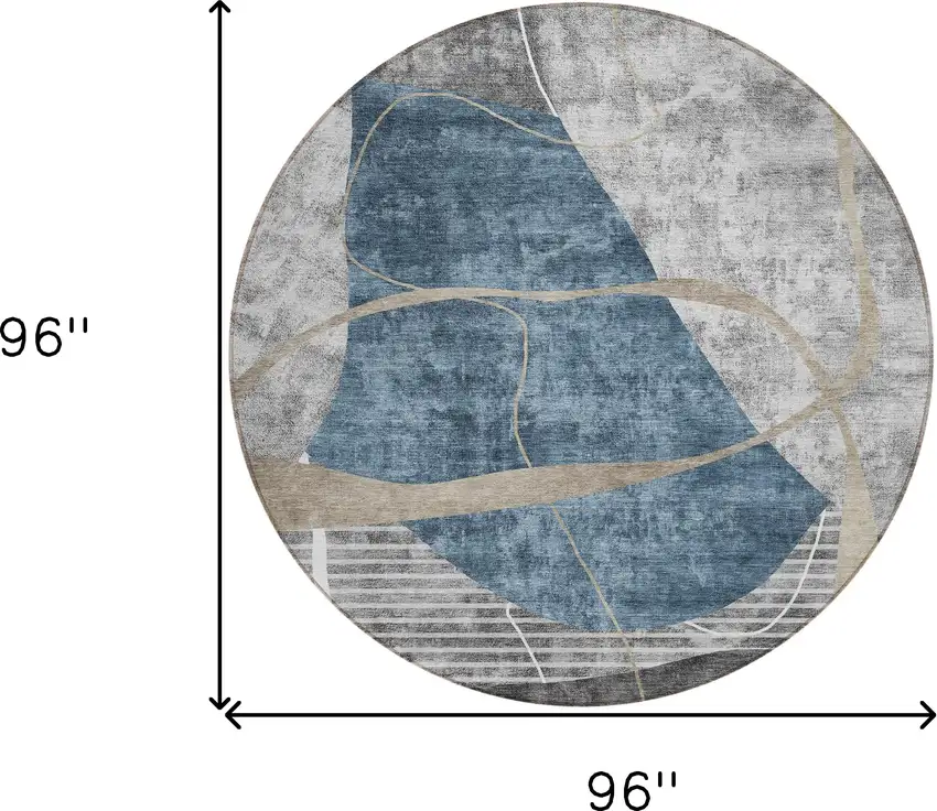 8' Blue Gray And Charcoal Round Abstract Washable Indoor Outdoor Area Rug Photo 3