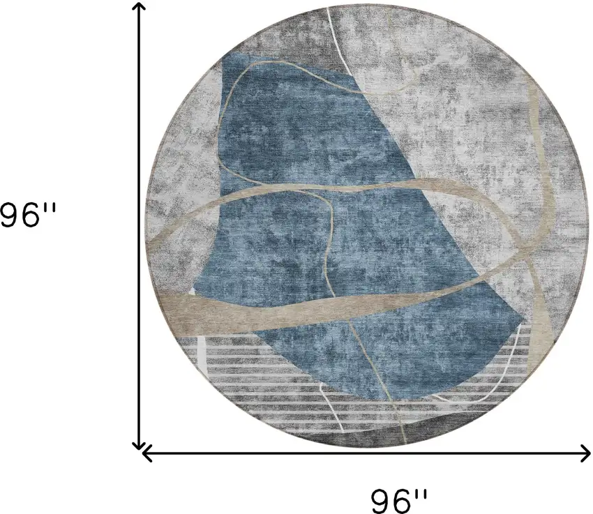 8' Blue Gray And Charcoal Round Abstract Washable Indoor Outdoor Area Rug Photo 3