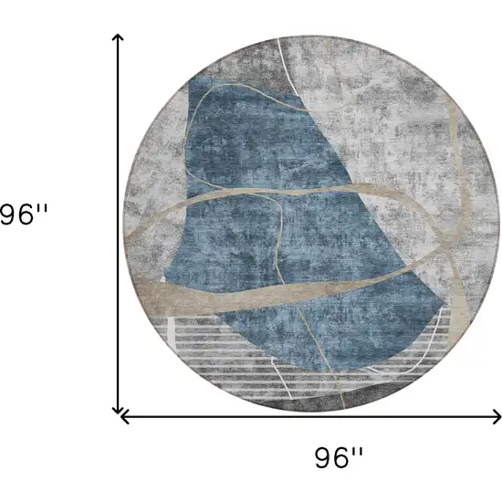 8' Blue Gray And Charcoal Round Abstract Washable Indoor Outdoor Area Rug Photo 3