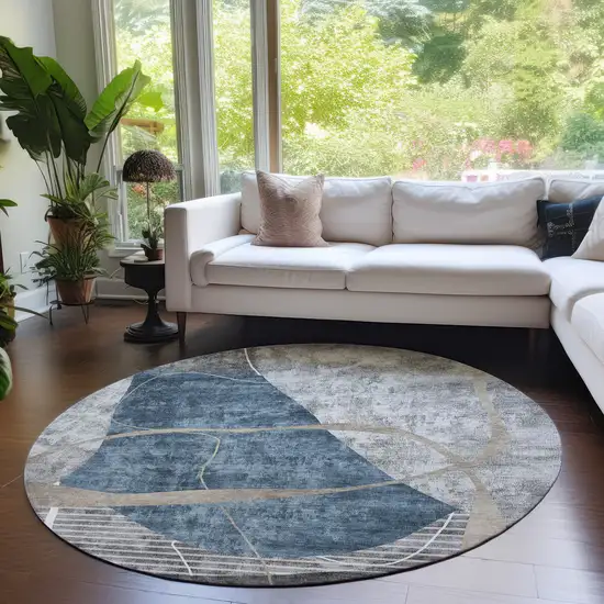 8' Blue Gray And Charcoal Round Abstract Washable Indoor Outdoor Area Rug Photo 8