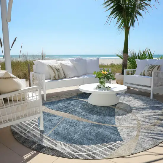 8' Blue Gray And Charcoal Round Abstract Washable Indoor Outdoor Area Rug Photo 7