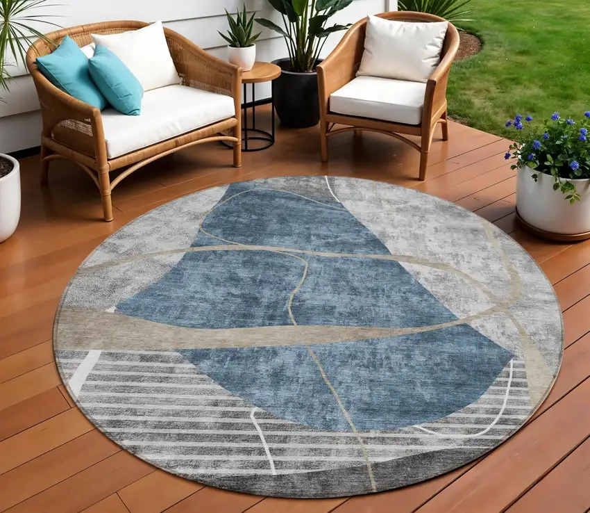 8' Blue Gray And Charcoal Round Abstract Washable Indoor Outdoor Area Rug Photo 1