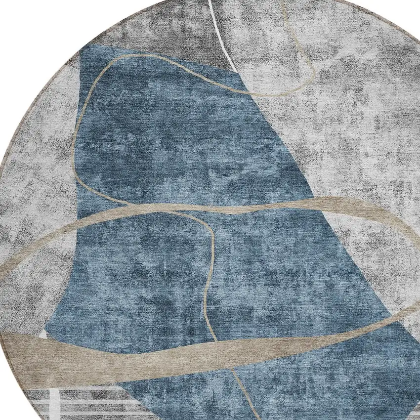 8' Blue Gray And Charcoal Round Abstract Washable Indoor Outdoor Area Rug Photo 5