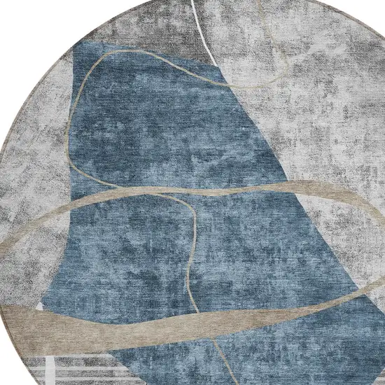 8' Blue Gray And Charcoal Round Abstract Washable Indoor Outdoor Area Rug Photo 5