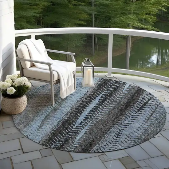 8' Blue Gray And Charcoal Round Botanical Leaves Washable Indoor Outdoor Area Rug Photo 7