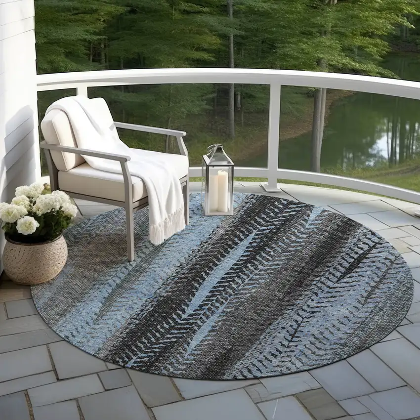 8' Blue Gray And Charcoal Round Botanical Leaves Washable Indoor Outdoor Area Rug Photo 7