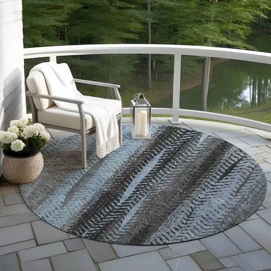8' Blue Gray And Charcoal Round Botanical Leaves Washable Indoor Outdoor Area Rug Photo 7