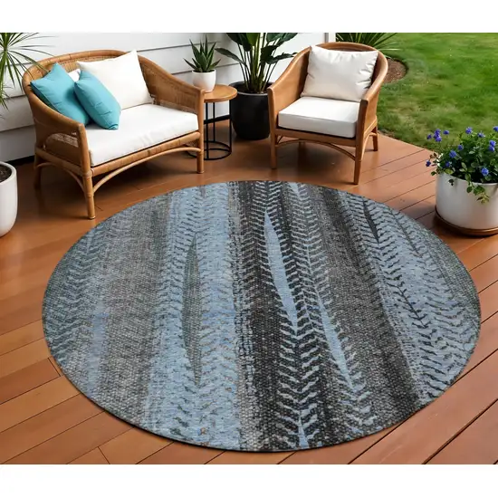 8' Blue Gray And Charcoal Round Botanical Leaves Washable Indoor Outdoor Area Rug Photo 1