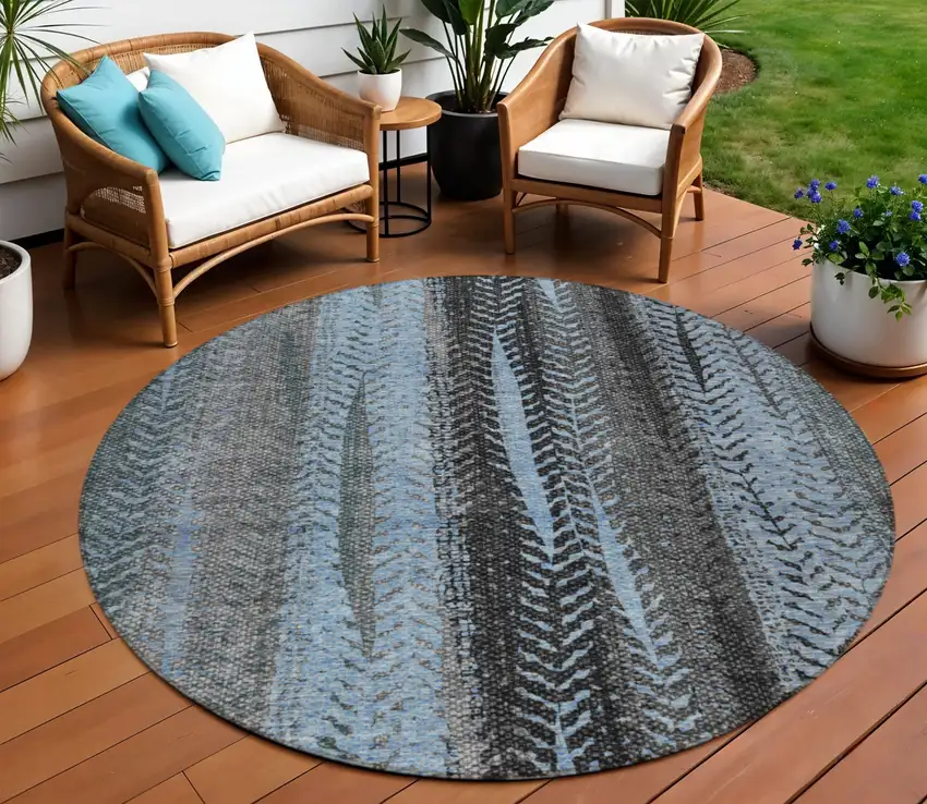 8' Blue Gray And Charcoal Round Botanical Leaves Washable Indoor Outdoor Area Rug Photo 1