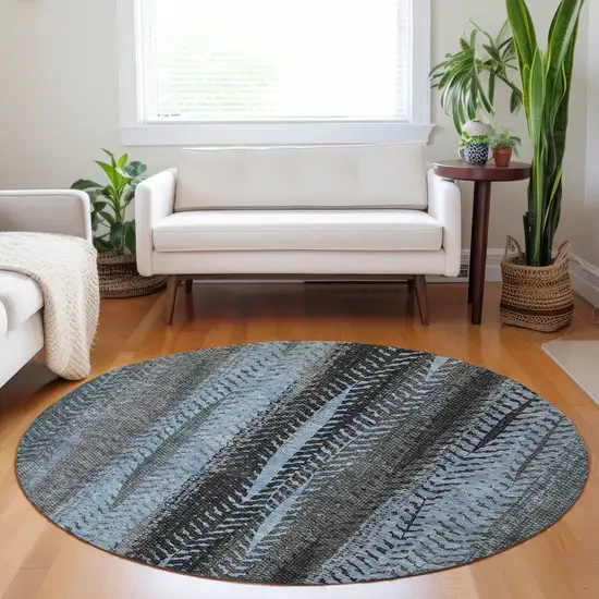 8' Blue Gray And Charcoal Round Botanical Leaves Washable Indoor Outdoor Area Rug Photo 8