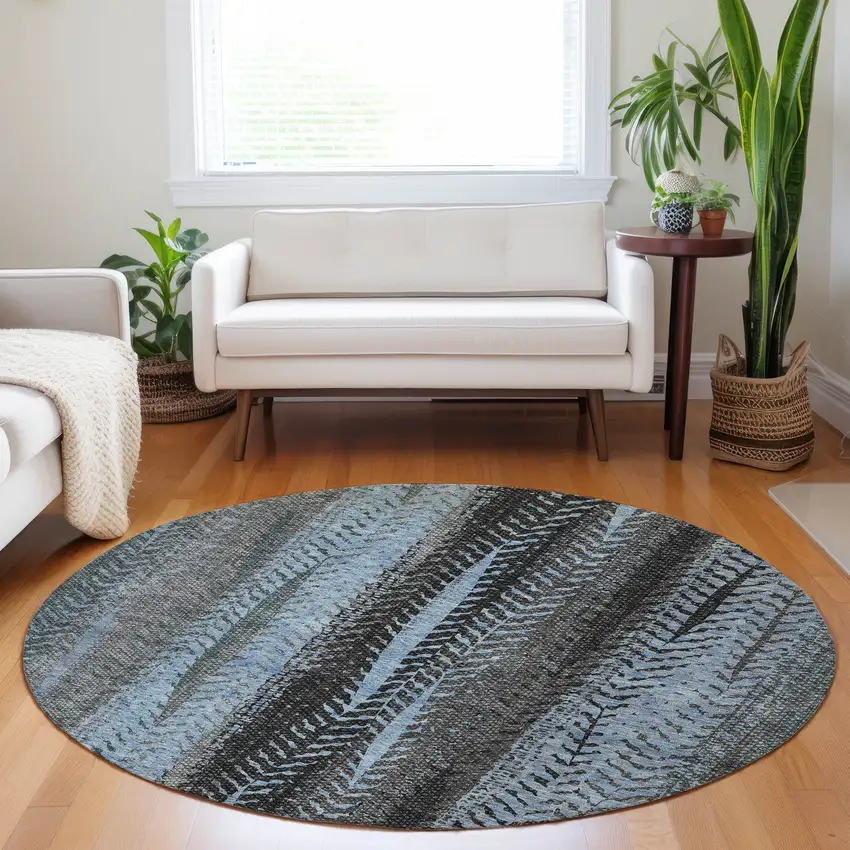 8' Blue Gray And Charcoal Round Botanical Leaves Washable Indoor Outdoor Area Rug Photo 8