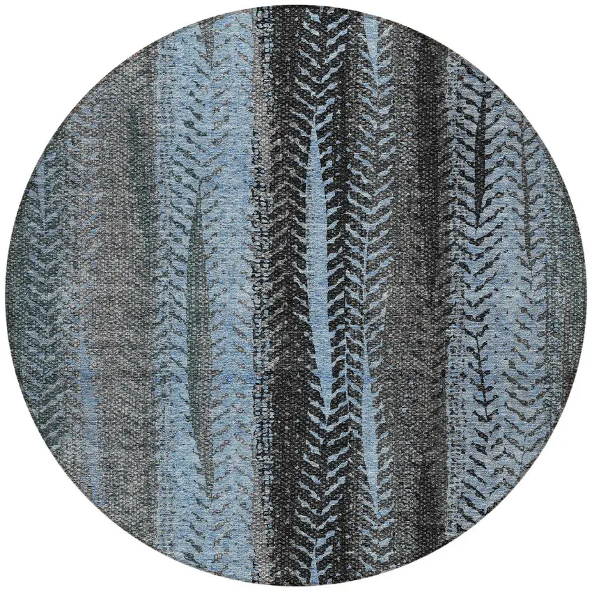 8' Blue Gray And Charcoal Round Botanical Leaves Washable Indoor Outdoor Area Rug Photo 6