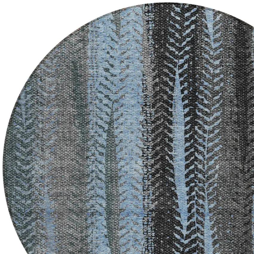 8' Blue Gray And Charcoal Round Botanical Leaves Washable Indoor Outdoor Area Rug Photo 5