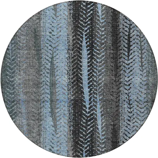 8' Blue Gray And Charcoal Round Botanical Leaves Washable Indoor Outdoor Area Rug Photo 2