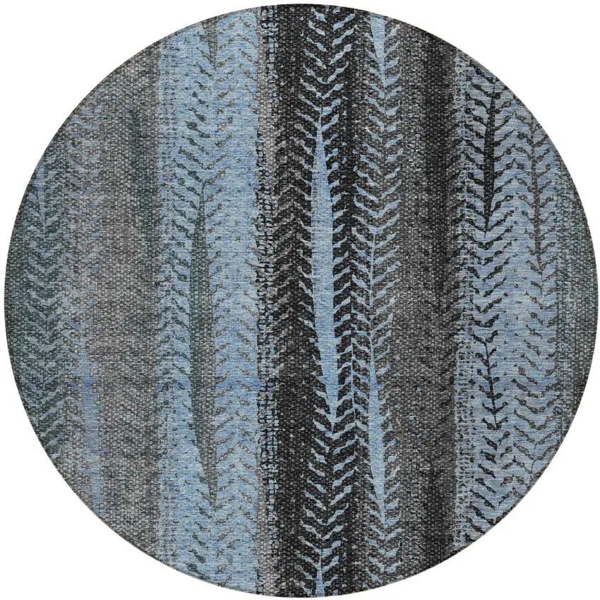 8' Blue Gray And Charcoal Round Botanical Leaves Washable Indoor Outdoor Area Rug Photo 2