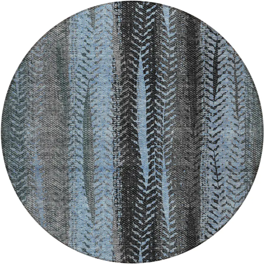 8' Blue Gray And Charcoal Round Botanical Leaves Washable Indoor Outdoor Area Rug Photo 2