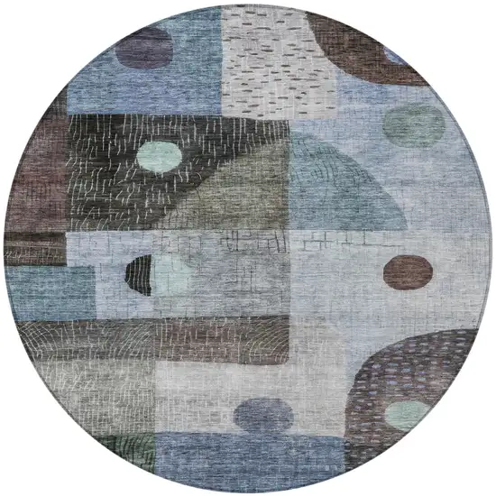 8' Blue Gray And Charcoal Round Geometric Washable Indoor Outdoor Area Rug Photo 5