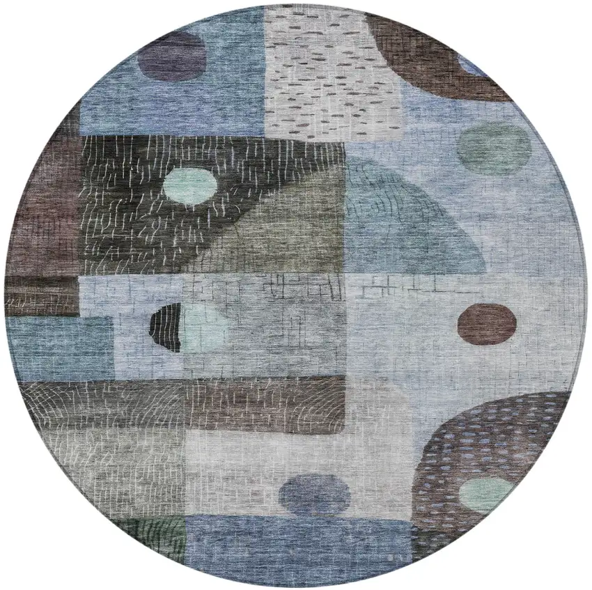 8' Blue Gray And Charcoal Round Geometric Washable Indoor Outdoor Area Rug Photo 5