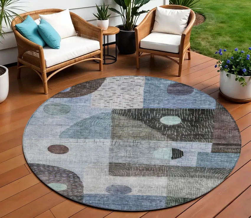 8' Blue Gray And Charcoal Round Geometric Washable Indoor Outdoor Area Rug Photo 1