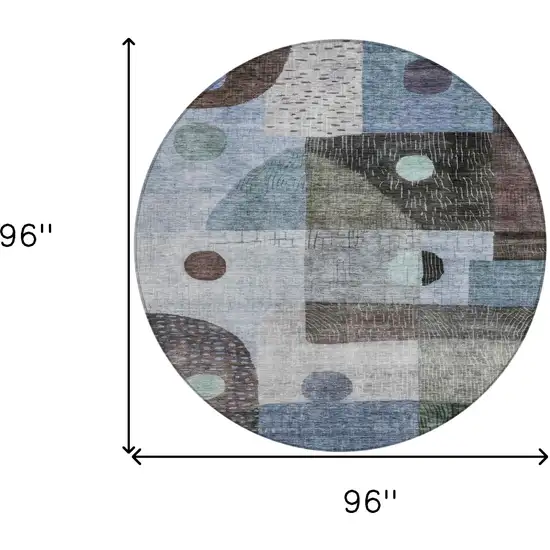 8' Blue Gray And Charcoal Round Geometric Washable Indoor Outdoor Area Rug Photo 8