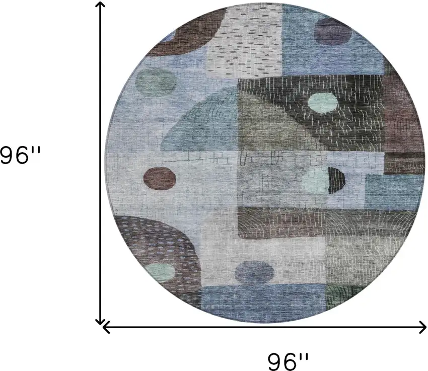 8' Blue Gray And Charcoal Round Geometric Washable Indoor Outdoor Area Rug Photo 8