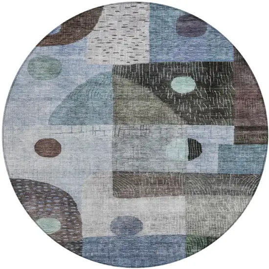 8' Blue Gray And Charcoal Round Geometric Washable Indoor Outdoor Area Rug Photo 2