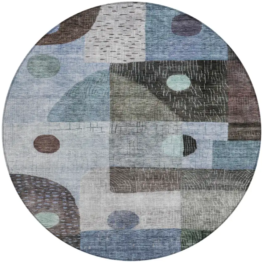 8' Blue Gray And Charcoal Round Geometric Washable Indoor Outdoor Area Rug Photo 2