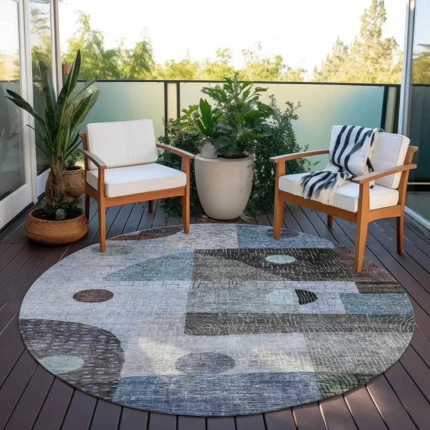 8' Blue Gray And Charcoal Round Geometric Washable Indoor Outdoor Area Rug Photo 6