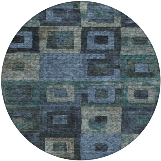 8' Blue Gray And Charcoal Round Geometric Washable Indoor Outdoor Area Rug Photo 2